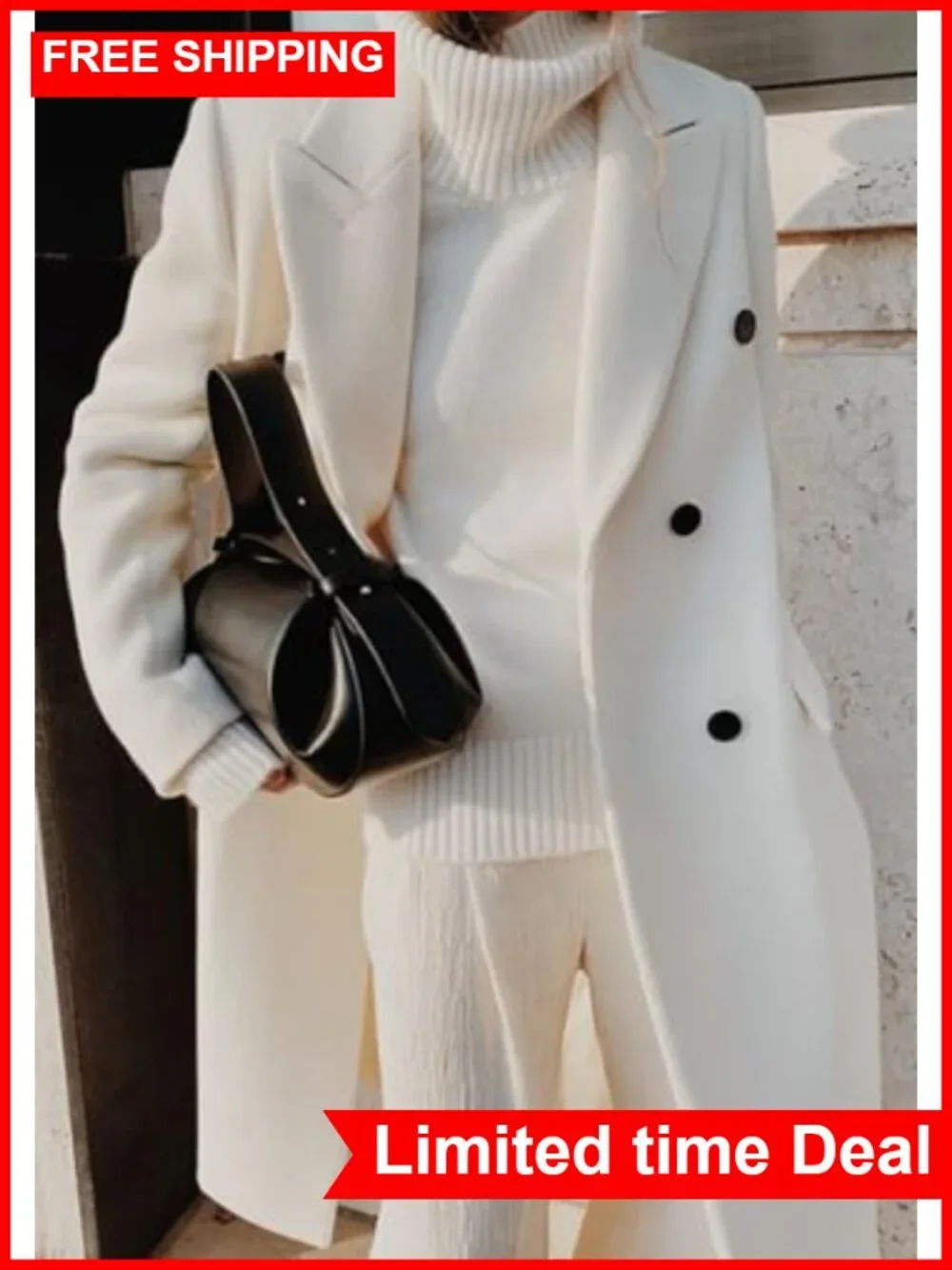 Women's Double Breasted Wool Blend Pea Coat Notched Lapel Winter Overcoat